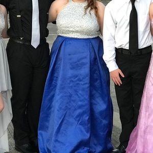Silver and blue two piece formal dress